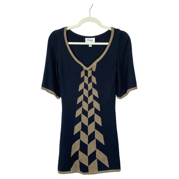 TEMPERLY LONDON Black Silk Knit Mini Dress Gold Metallic Geometric Size 2 - Picture 1 of 8